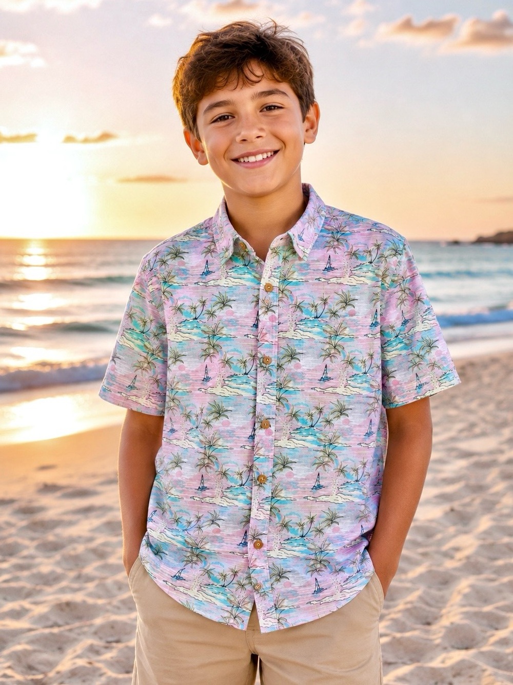 Boys Tropical Short Sleeve Button Shirt Resort Wear 100% Cotton